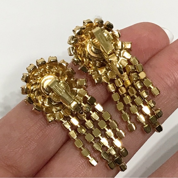 Vintage Best in Show Blue Ribbon Clear Rhinestone Chandelier Clip On Earrings - Picture 9 of 15